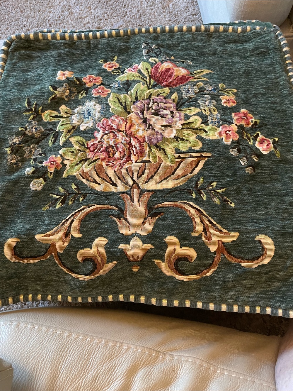 Two Vintage Floral Basket Tapestry Pillow Cover - Green